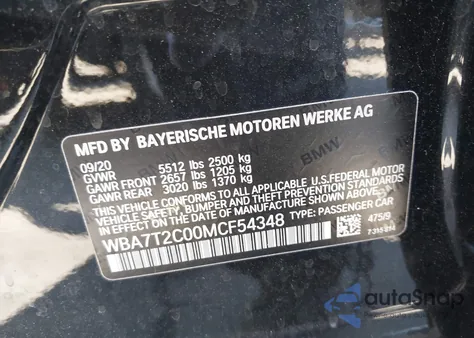 2021 BMW 740I из США, поврежденный, VIN WBA7T2C00MCF54348